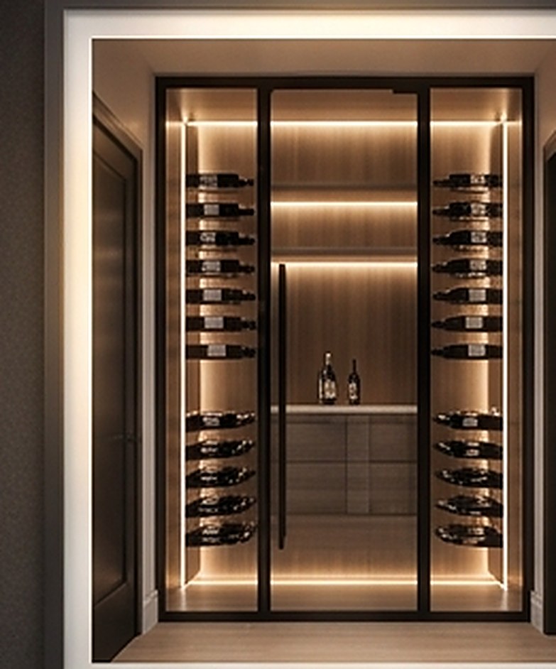 Glass wine vault with warm LED shelving