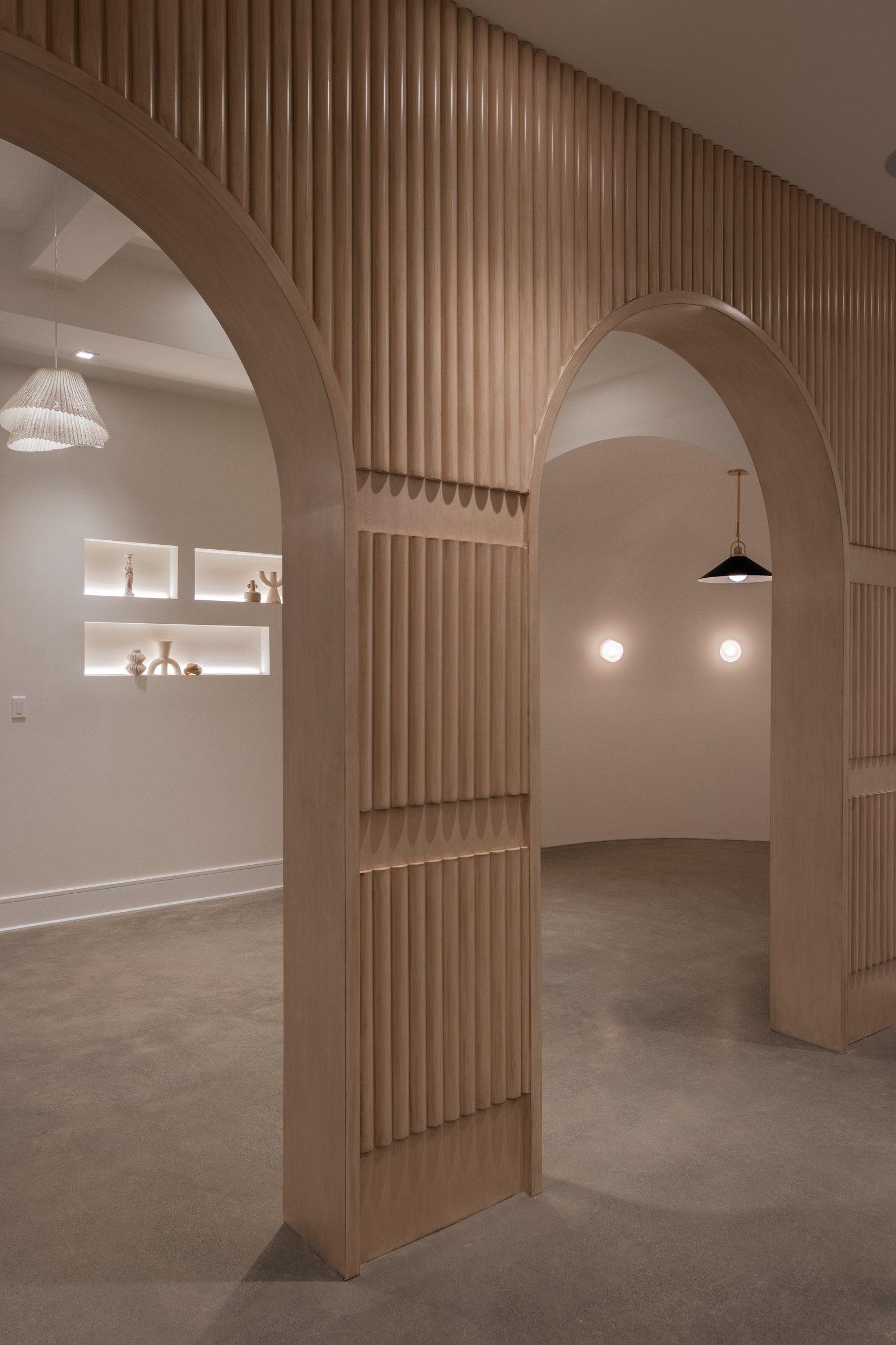Fluted white-oak arches, Bergen County basement